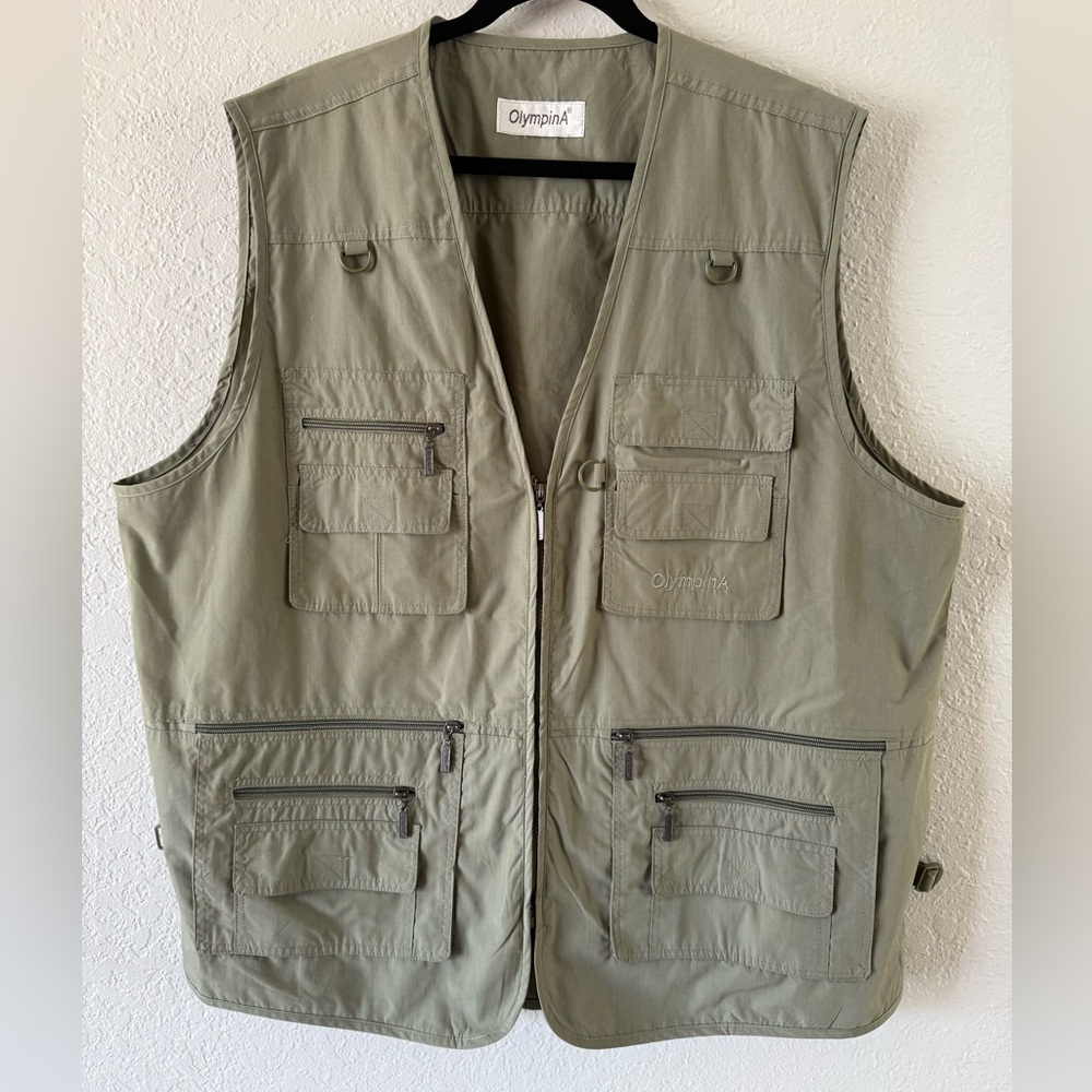 Olympina Fishing Hiking Tactical Vest Mens XL Army Green Cotton Poly Pockets EUC